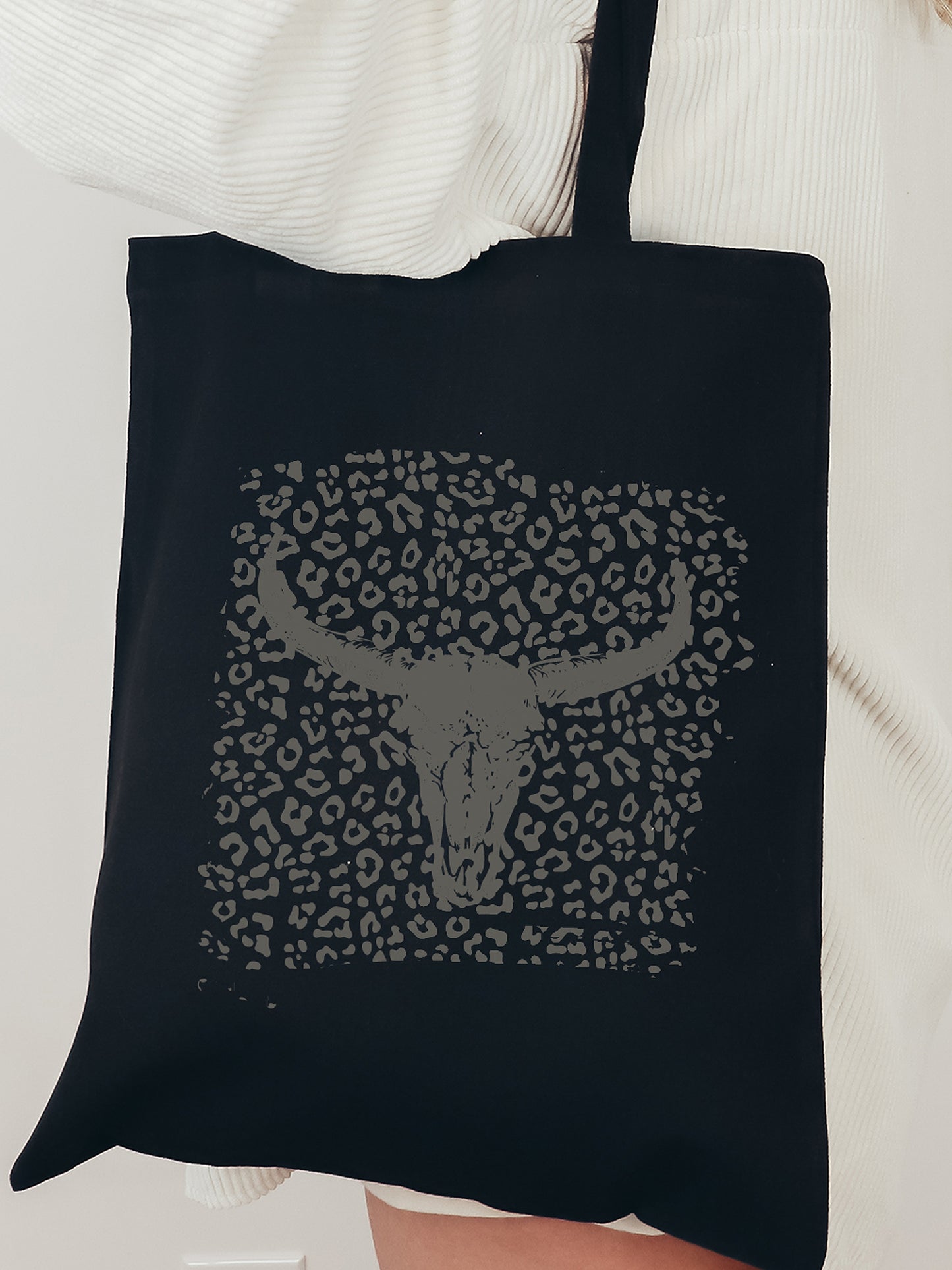 Leopard Skull Cotton Canvas Tote Bag Black