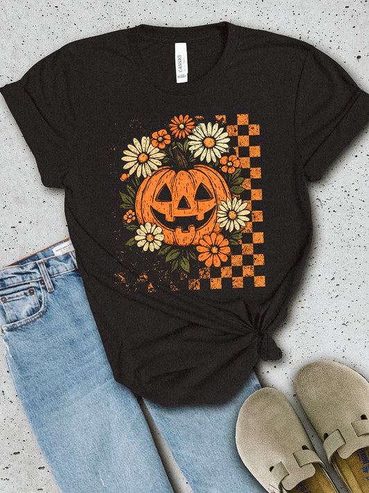 Floral Pumpkin Vintage Black Graphic Tee
