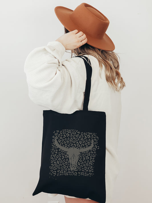 Leopard Skull Cotton Canvas Tote Bag Black