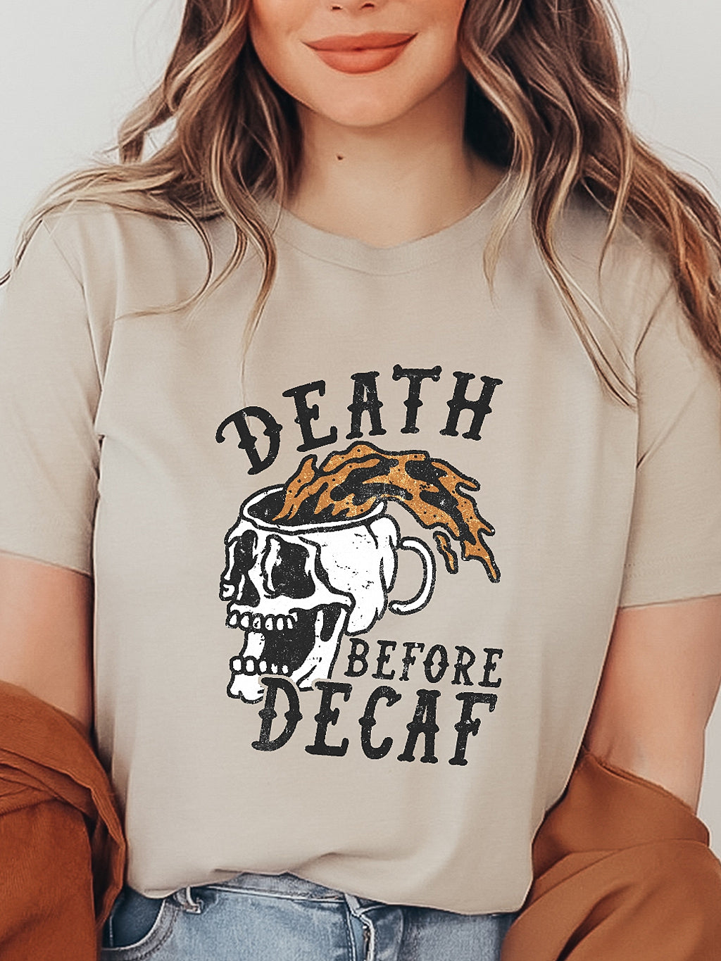 Death Before Decaf Tan Graphic Tee