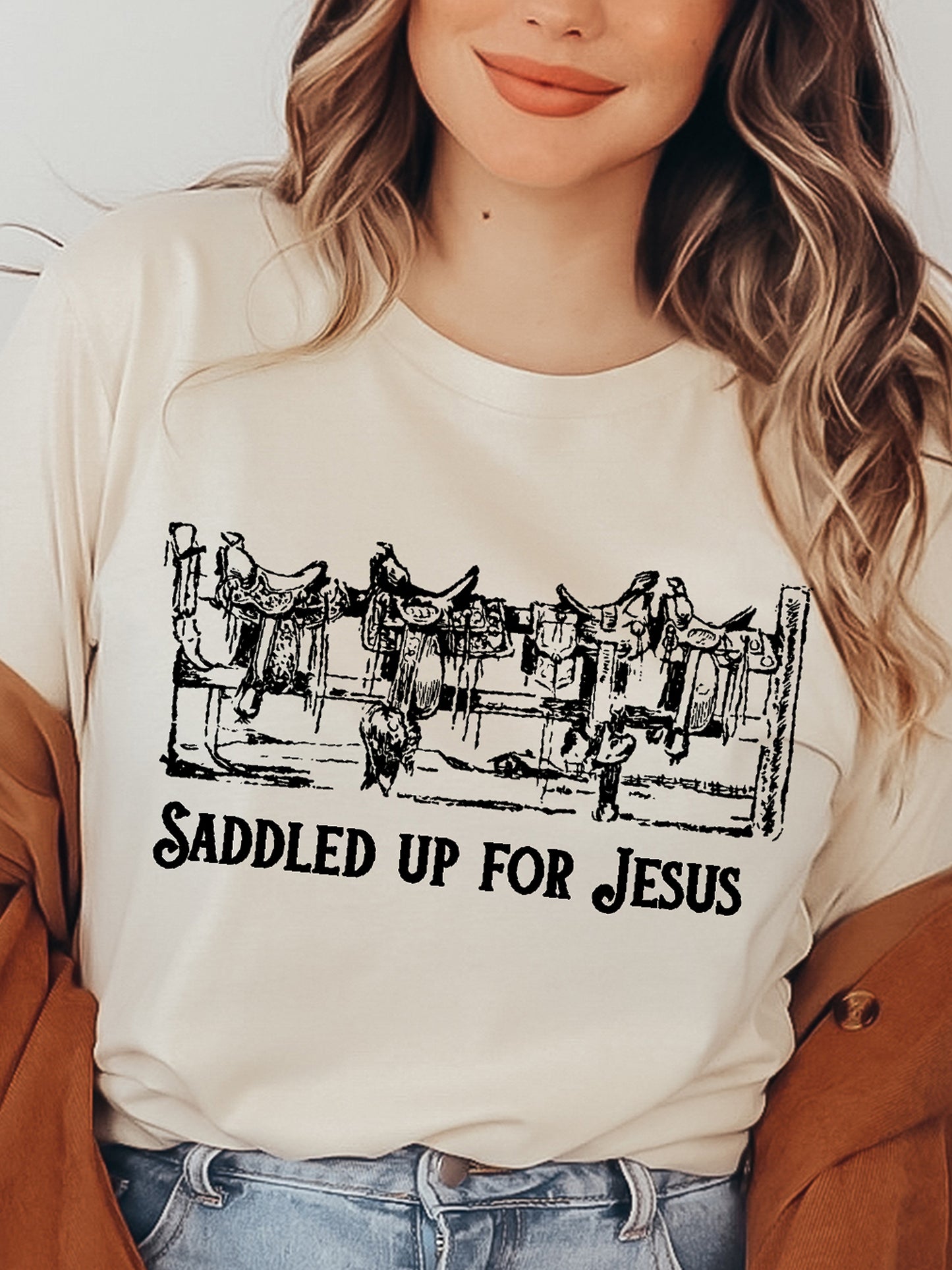 Saddled Up For Jesus Cream Graphic Tee