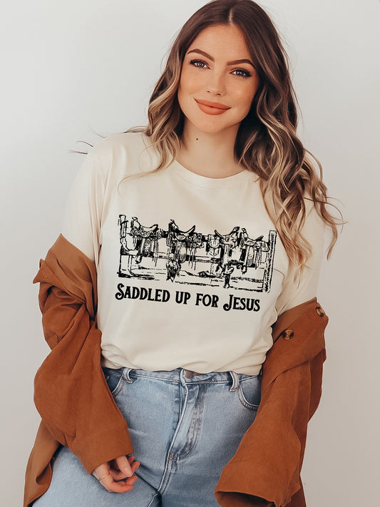 Saddled Up For Jesus Cream Graphic Tee