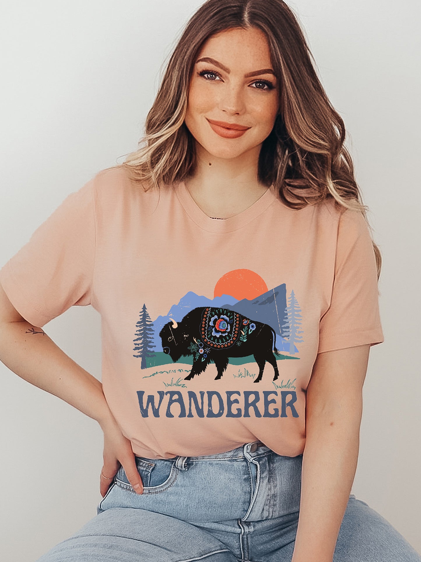 Wanderer Buffalo Heather Peach Graphic Tee